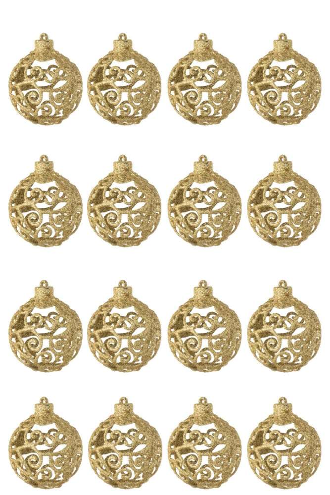 BOX OF 16 CHRISTMAS BAUBLE BAROQUE PATTERN PLASTIC GOLD COLORED