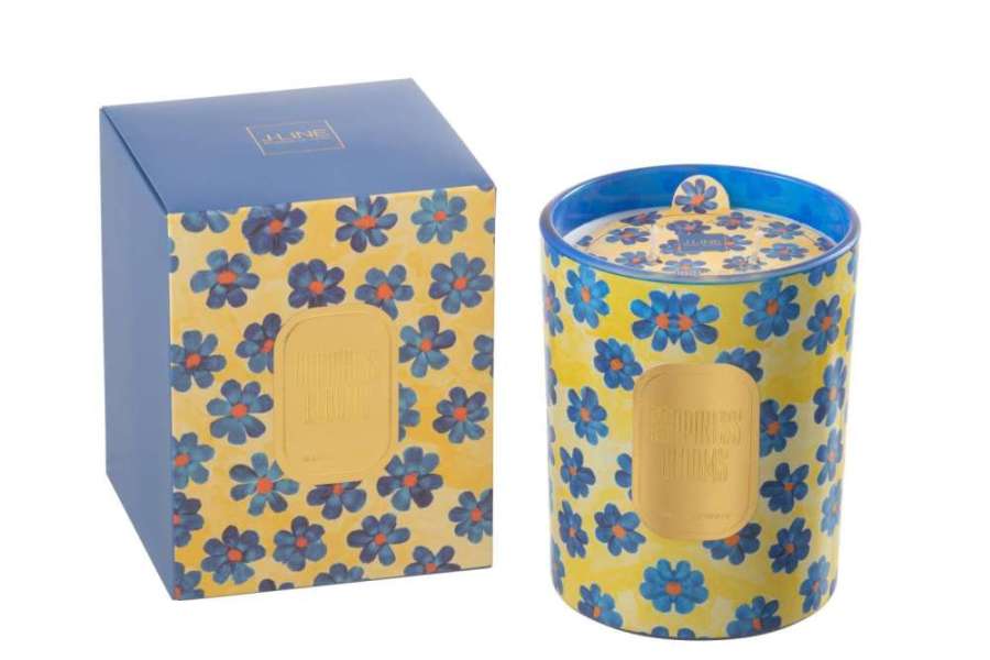 SCENTED CANDLE FLOWERS BLUE/YELLOW LARGE-70 HOURS