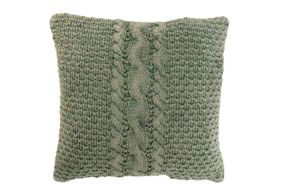 CUSHION KNITTED+BRAID COTTON WASHED GREEN
