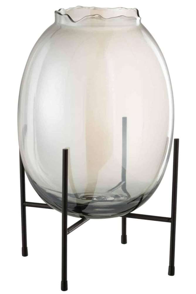 VASE ON FOOT BORDER RIBBED GREY BLUE/BLACK LARGE