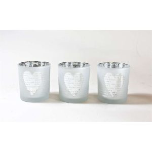 Lysglass Hvit M/Hjerte S/3 8Cm