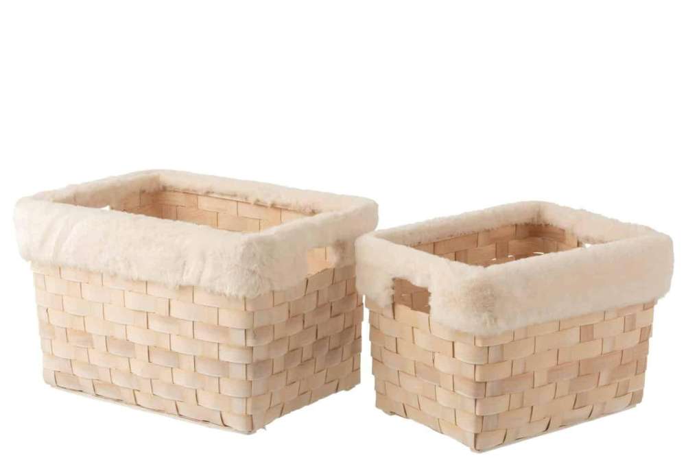 SET OF 2 BASKETS RECTANGLE+IMITATION FUR RATTAN FLAT NATURAL WHITE WASH