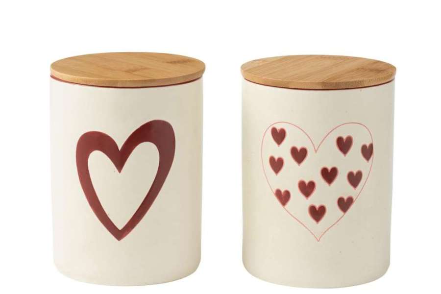 STORAGE JAR HEARTS PORCELAINE WHITE/RED LARGE ASSORTMENT OF 2