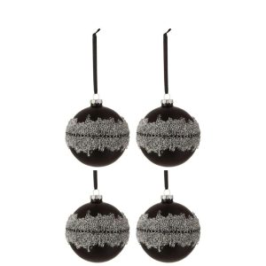 BOX OF 4 CHRISTMAS BAUBLES SUGAR MIDDLE DIAMONDS LINE GLASS MATTE BLACK MEDIUM