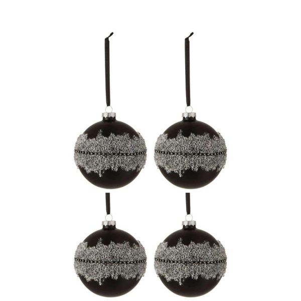 BOX OF 4 CHRISTMAS BAUBLES SUGAR MIDDLE DIAMONDS LINE GLASS MATTE BLACK MEDIUM