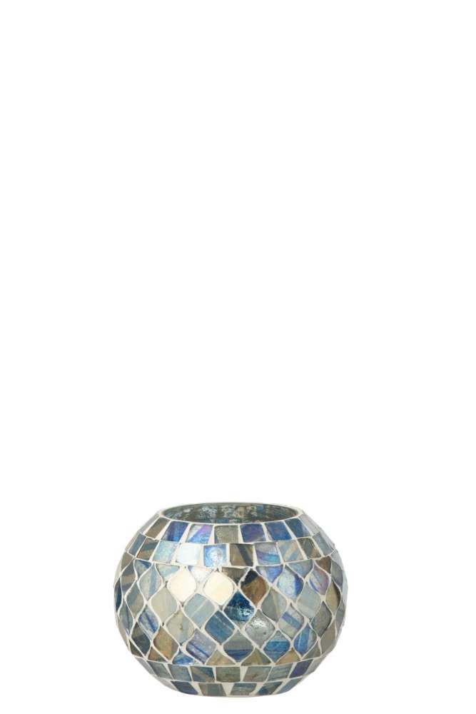 TEALIGHT HOLDER MOSAIC GLASS GREY BLUE