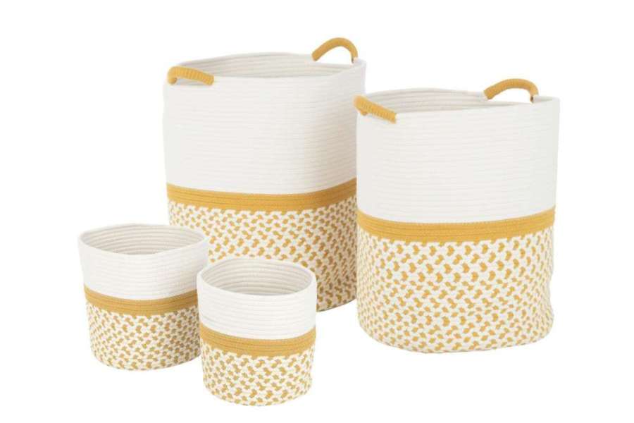 SET OF 4 COIL BASKET ROUND PATTERNS TEXTILE WHITE/ORANGE