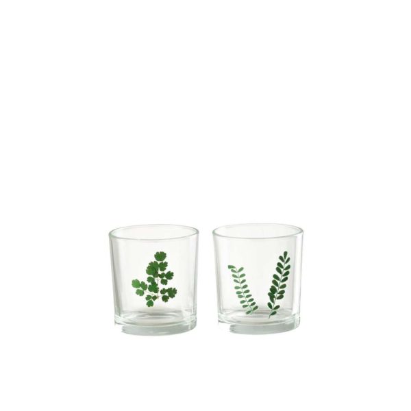 TEALIGHT LEAF GLASS GREEN/TRANSPARANT ASSORTIMENT OF 2