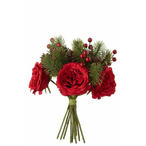 BOUQUET ROSE/BERRIES/PINE BRANCH PLASTIC RED/GREEN LARGE