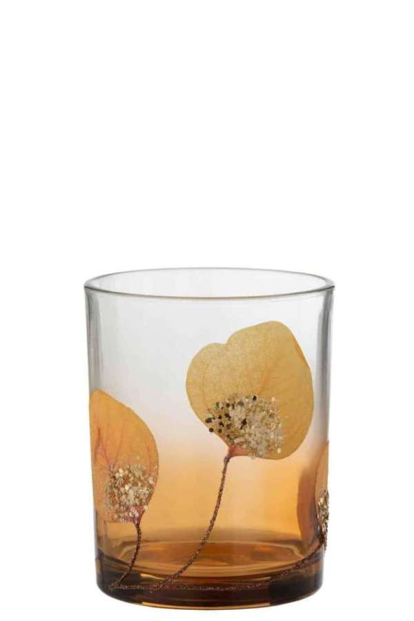 TEALIGHT HOLDER DRIED LEAF OCHRE+GLITTER MEDIUM
