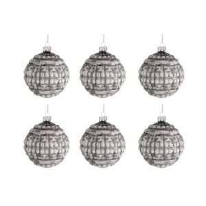 BOX OF 6 BAUBLE ROUND PRINT GLASS GREEN/BEIGE SMALL 8CM