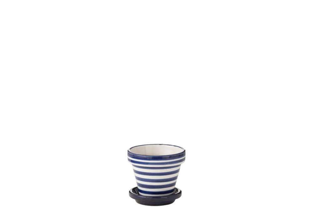 FLOWERPOT+PLATE GRANADA STRIPES HANDMADE/HANDPAINTED CERAMIC COBALTO BLUE/WHITE EXTRA SMALL