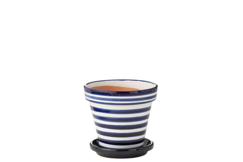 FLOWERPOT+PLATE GRANADA STRIPES HANDMADE/HANDPAINTED CERAMIC COBALTO BLUE/WHITE MEDIUM