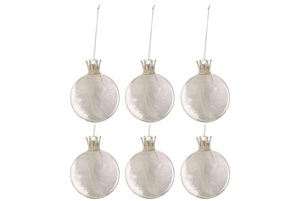 BOX OF 6 CHRISTMAS BAUBLES CROWN FEATHER WHITE GLASS CLEAR SMALL