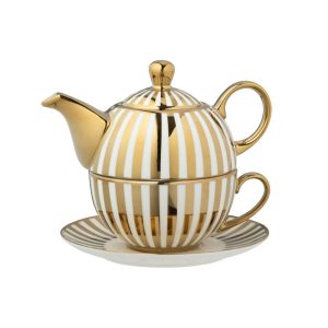 BOX OF 1 TEAPOT STRIPED PORCELAIN GOLD COLORED/WHITE
