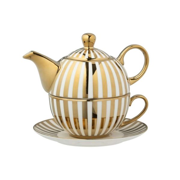 BOX OF 1 TEAPOT STRIPED PORCELAIN GOLD COLORED/WHITE