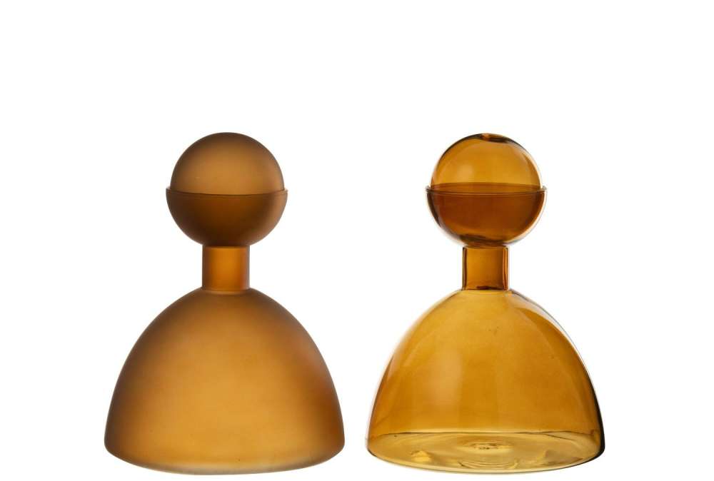 VASE BOTTLE+CAP ROUND GLASS SHINY/MATTE BROWN ASSORTMENT OF 2