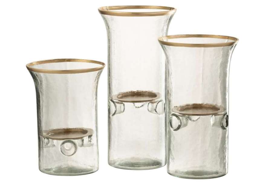 SET OF 3 CANDLE HOLDER PLATE GOLD RIM GLASS TRANSPARENT