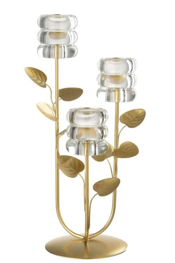 CANDLE HOLDER BRANCH & LEAF 3 PARTS IRON GOLD COLORED/TRANSPARENT