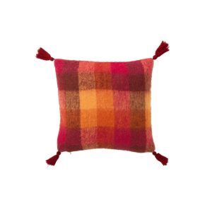 CUSHION CHECKERED+TASSELS ACRYLIC ORANGE/BURGUNDY