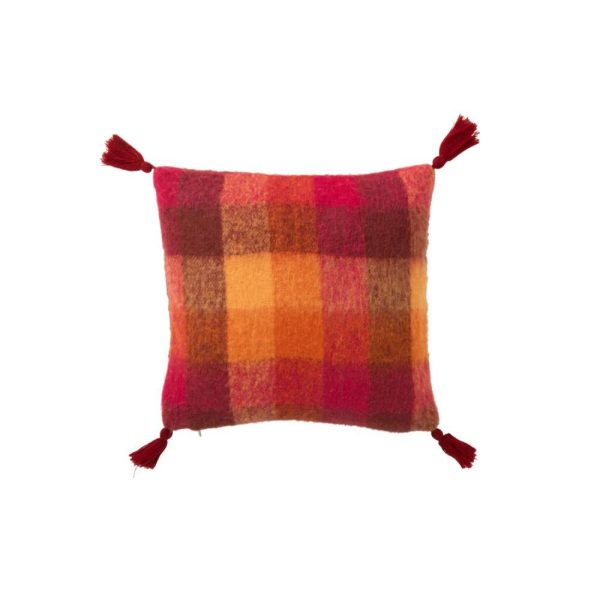CUSHION CHECKERED+TASSELS ACRYLIC ORANGE/BURGUNDY