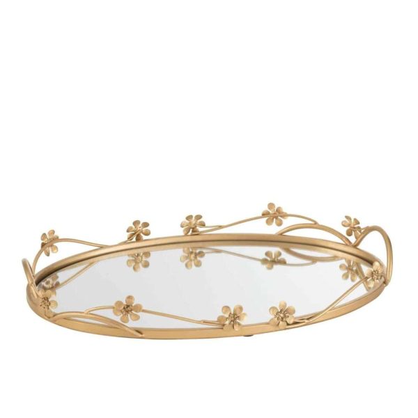 TRAY MIRROIR OVAL FLOWERS GOLD LARGE