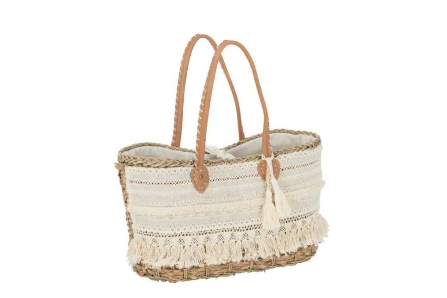 BEACH BAG LACE+TASSEL JUTE NATURAL/WHITE SMALL