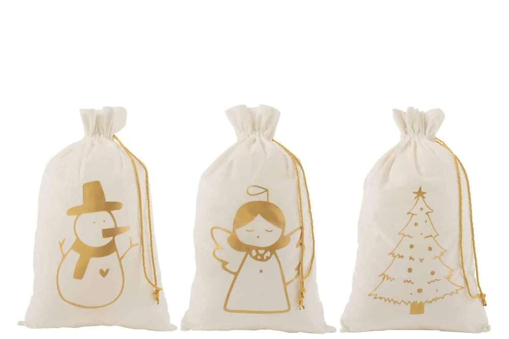 BAG CHRISTMAS ANGEL/CHRISTMAS TREE/SNOWMAN VELVET WHITE/GOLD LARGE ASSORTMENT OF 3
