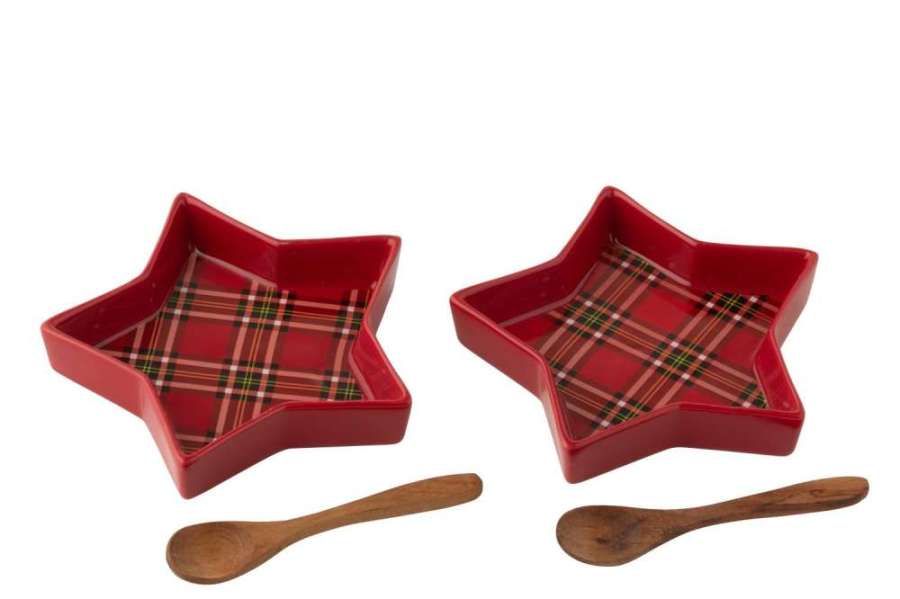 BOX OF 2 SERVING BOWL PLAID STAR CERAMIC RED