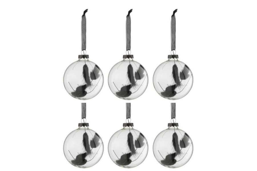 BOX OF 6 CHRISTMAS BAUBLES ROUND DRIED HARETAIL BLACK GLASS TRANSPARENT SMALL