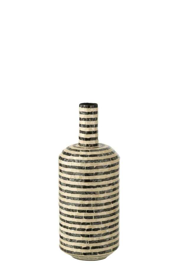 VASE BOTTLE STRIPED SHELL/BAMBOO BLACK AND WHITE