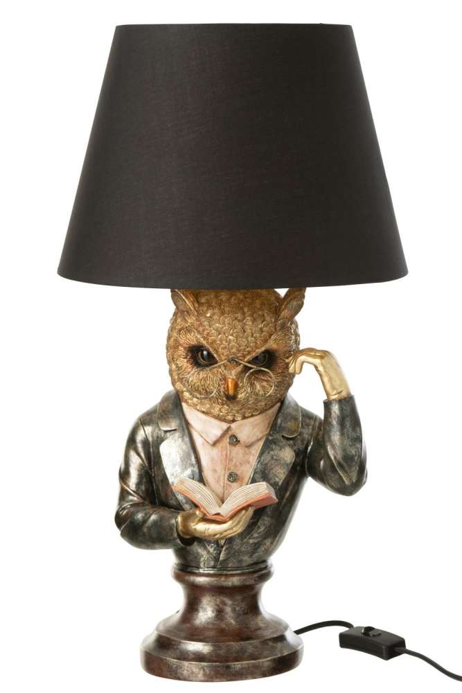 TABLE LAMP OWL+SHADE POLYRESIN ANTIQUE BROWN/GOLD
