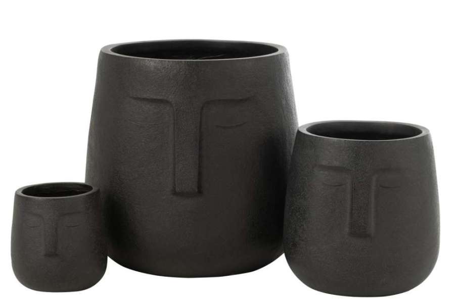 SET OF 3  FLOWERPOTS MOAI  CLAY BLACK