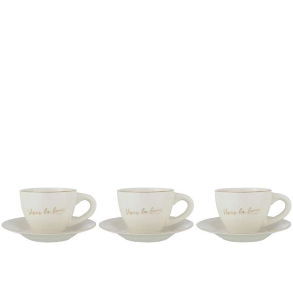 BOX OF 3 CUP+SAUCER PORCELAIN VISER LA LUNE WHITE/GOLD