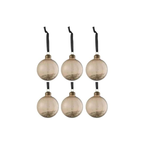 BOX OF 6 CHRISTMAS BAUBLES GLITTER INSIDE GLASS BROWN