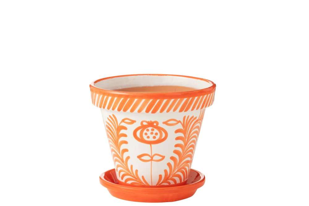 FLOWERPOT+PLATE GRANADA HANDMADE/HANDPAINTED CERAMIC ORANGE/WHITE LARGE