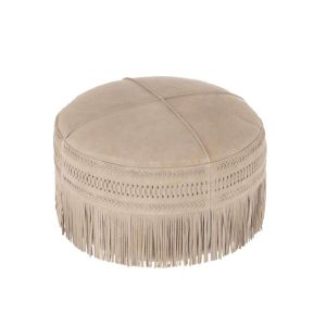 HASSOCK TASSELS ROUND LEATHER LIGHT GREY