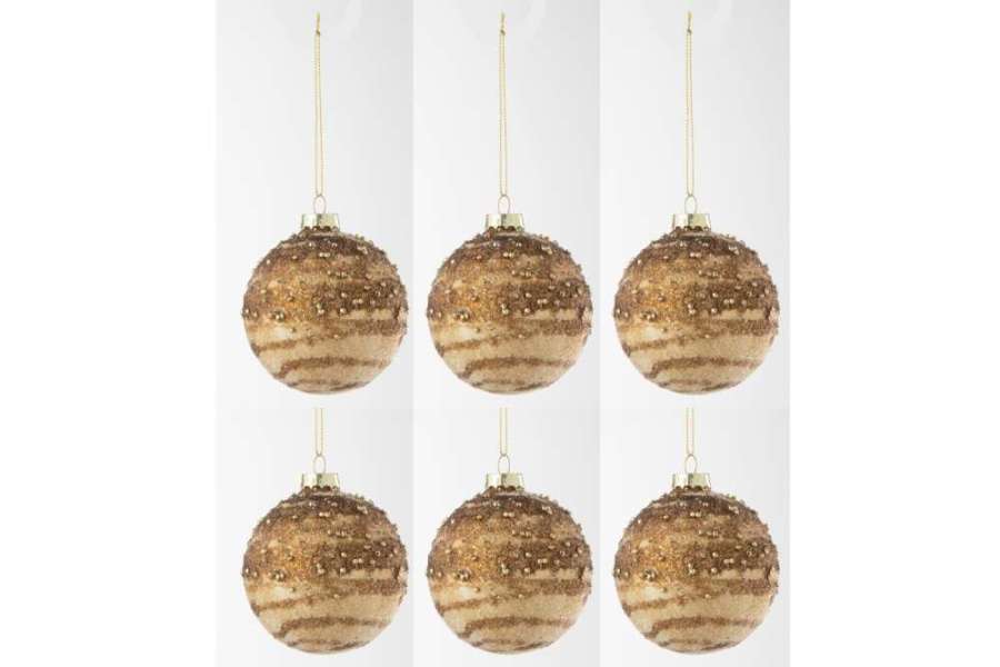 BOX OF 6 CHRISTMAS BAUBLE LINES SEQUINS GLASS BROWN