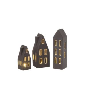 SET OF 3 HOUSES LED PORCELAIN BLACK/GOLD