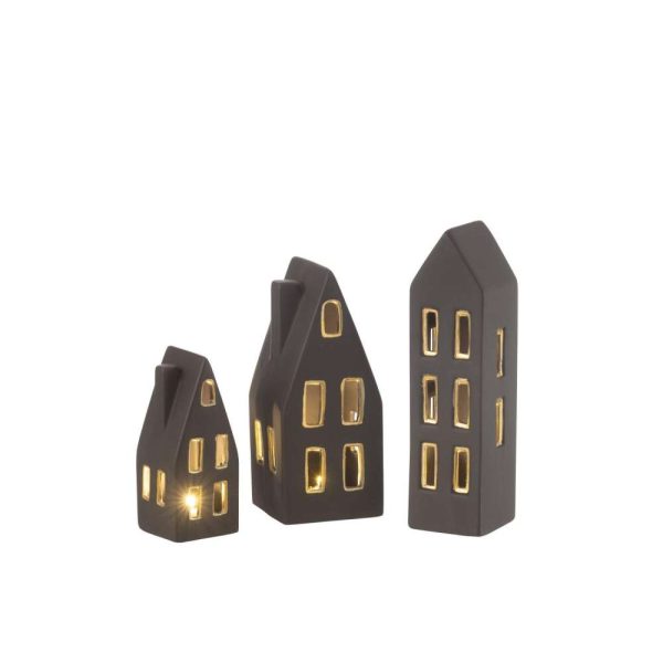 SET OF 3 HOUSES LED PORCELAIN BLACK/GOLD