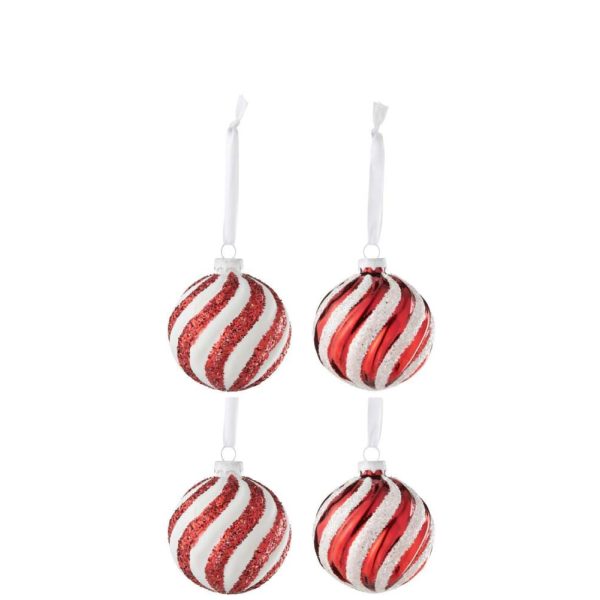 BOX OF 4 CHRISTMAS BAUBLE 2+2 LINES GLASS WHITE/RED SMALL