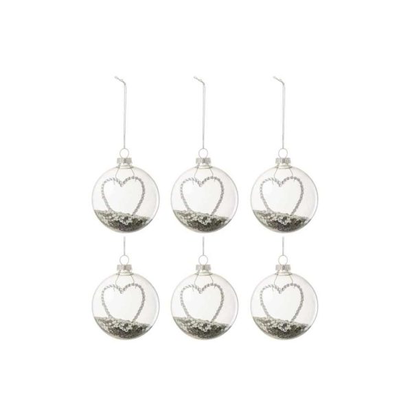 BOX OF 6 CHRISTMAS BAUBLES HEART STRASS SILVER STARS GLASS CLEAR SMALL