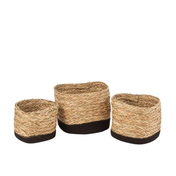 SET OF 3 BASKETS SQUARE GRASS/COTTON NATURAL/BLACK