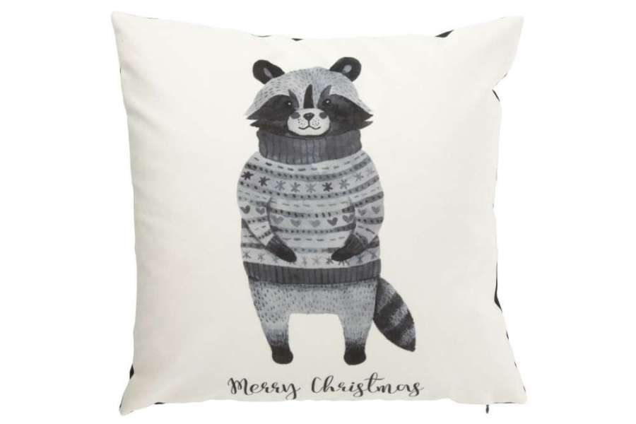 CUSHION RACCOON+SWEATER VELVET WHITE/BLACK