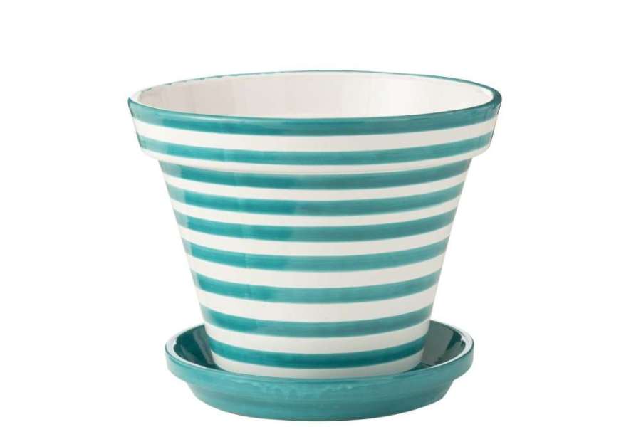 FLOWERPOT+PLATE GRANADA STRIPES HANDMADE/HANDPAINTED CERAMIC AQUA/WHITE EXTRA LARGE