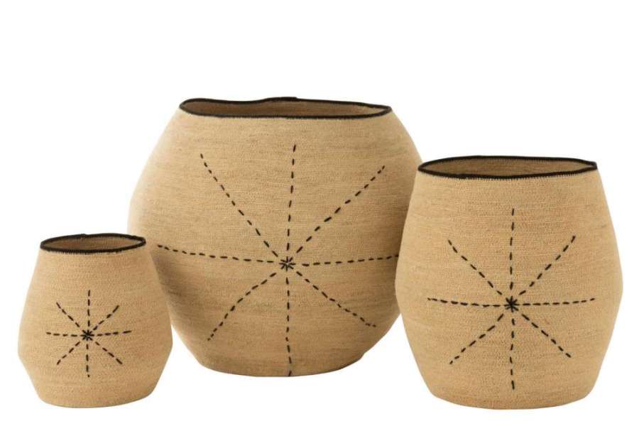 SET OF 3 BASKET STAR DOTTED LINES SEAGRASS NATURAL/BLACK