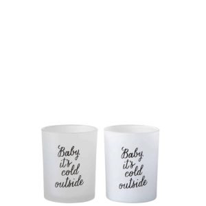 TEALIGHT HOLDER "BABY IT IS COLD OUTSIDE" GLASS WHITE/BLACK LARGE ASSORTMENT OF 2