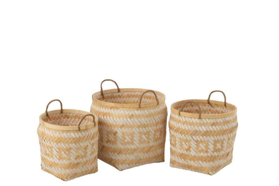 SET OF 3 BASKET PATTERNS HANDLES BAMBOO NATURAL/WHITE