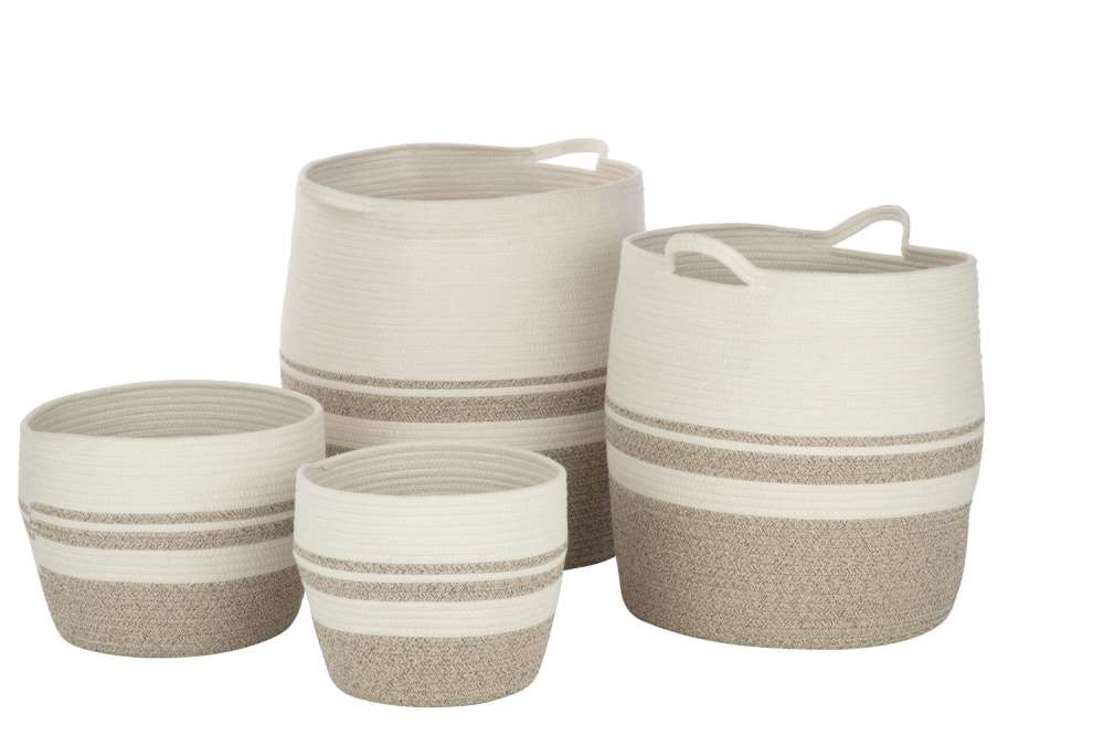 SET OF 4 BASKET STRIPES POLYESTER WHITE/GREI