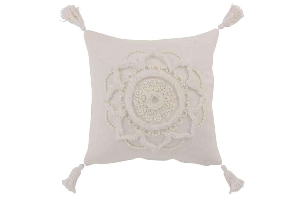 CUSHION FLOWER + TASSELS COTTON WHITE